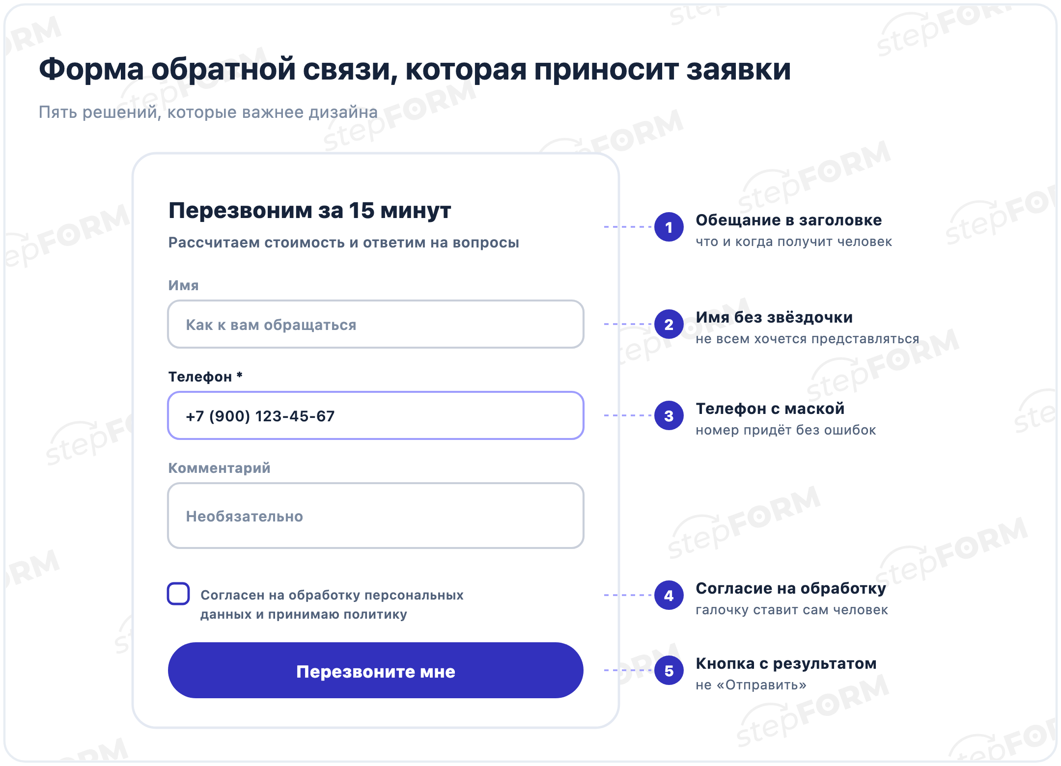 Форма обратной связи с разметкой: обещание в заголовке, необязательное имя, телефон с маской, согласие на обработку данных и кнопка «Перезвоните мне»