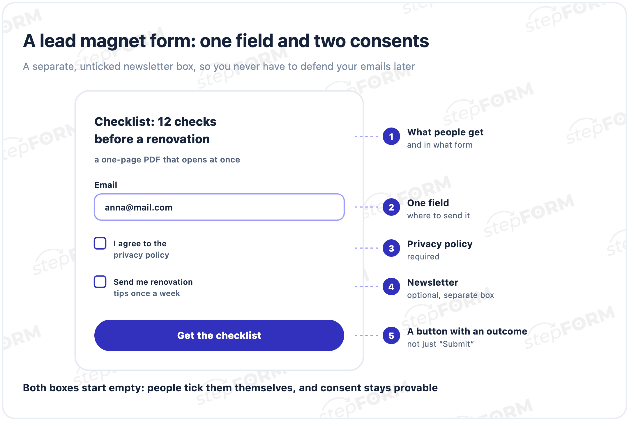 A lead magnet form for a pre-renovation checklist: an email field, an empty required privacy policy checkbox, a separate empty newsletter checkbox and a Get the checklist button