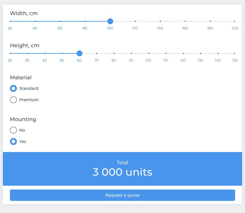 English teaching version of a real stepFORM calculator: sign options, an on-screen total of 3000 fictional units and a separate Request a quote button