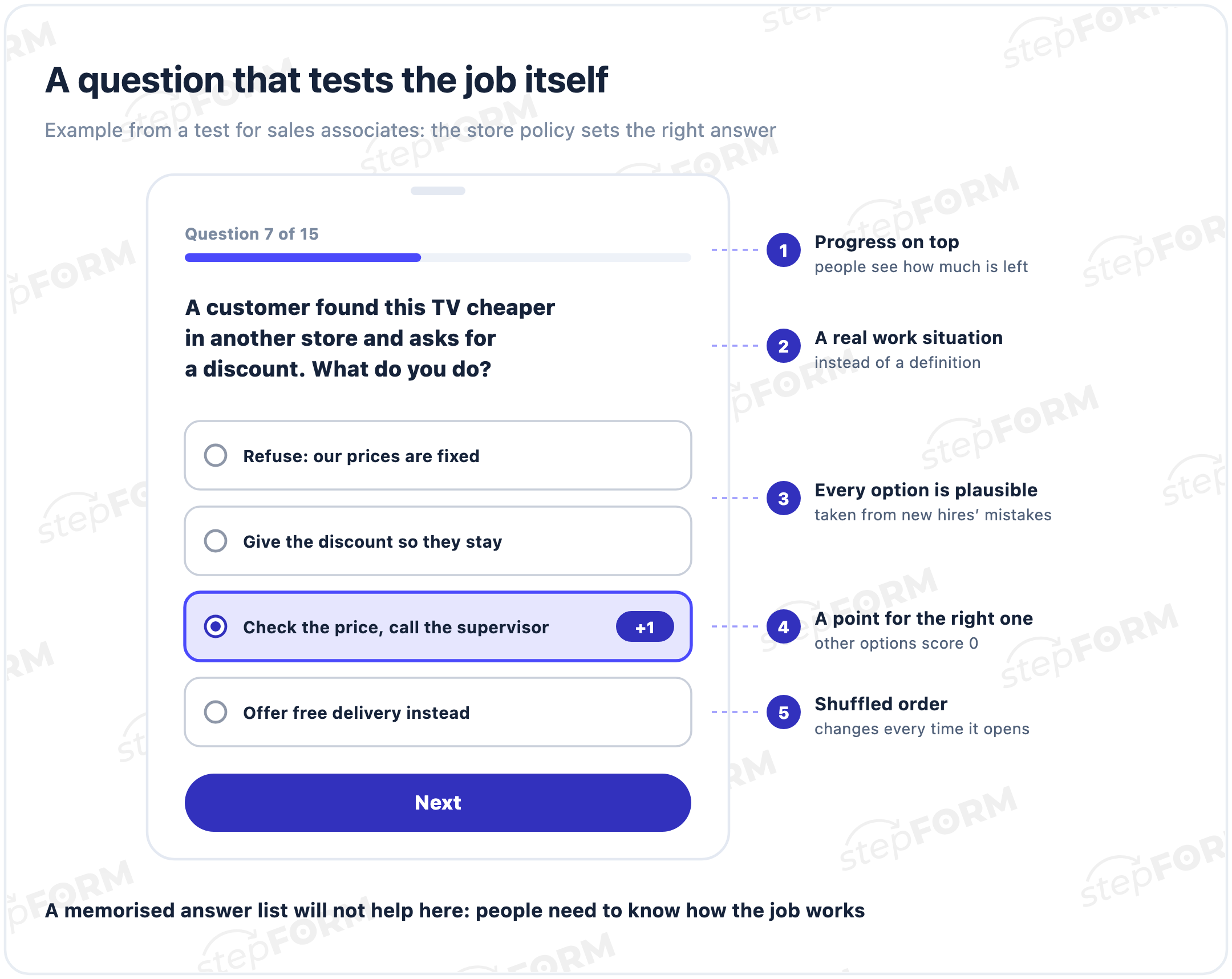 A test question on a phone screen: a customer found a TV cheaper elsewhere and asks for a discount, four plausible options, one point for the right answer, options shown in random order