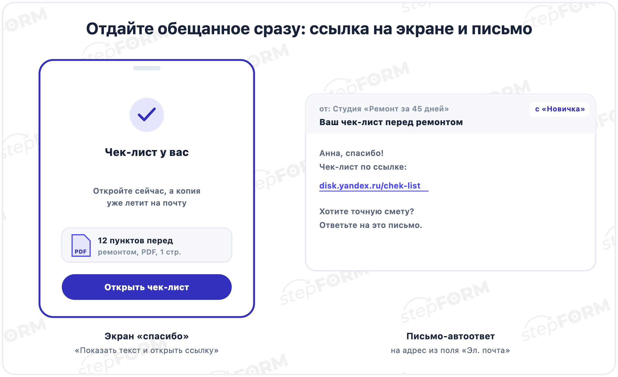 Экран «Чек-лист у вас» с файлом PDF и кнопкой «Открыть чек-лист» и письмо-автоответ со ссылкой на чек-лист на Яндекс Диске