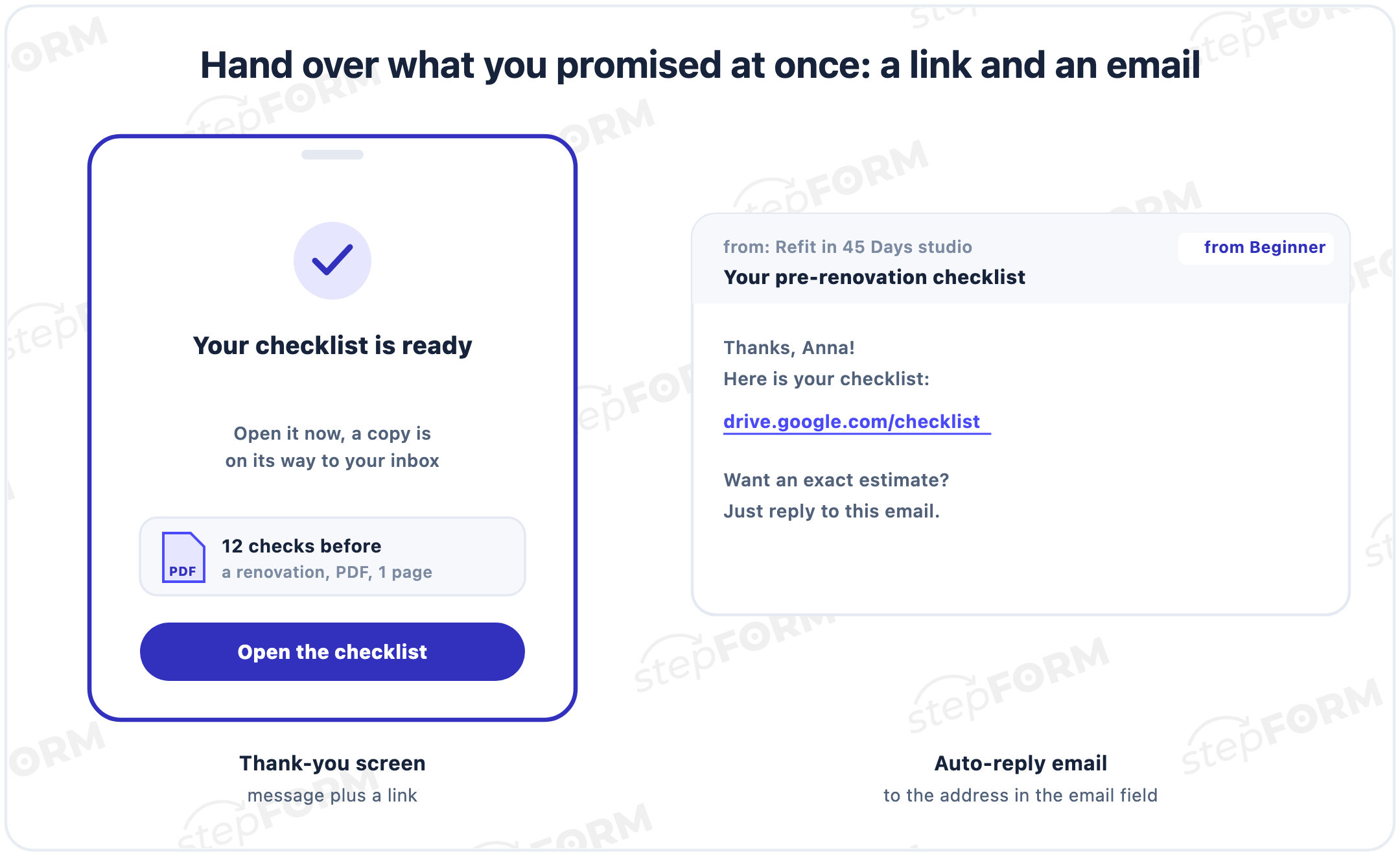 A Your checklist is ready screen with a PDF file and an Open the checklist button, next to an auto-reply email with a link to the checklist