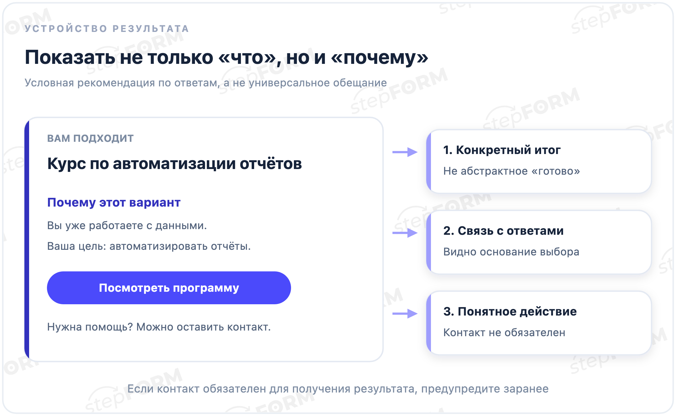 Пример результата квиза: рекомендация курса, причины выбора по ответам и понятное действие